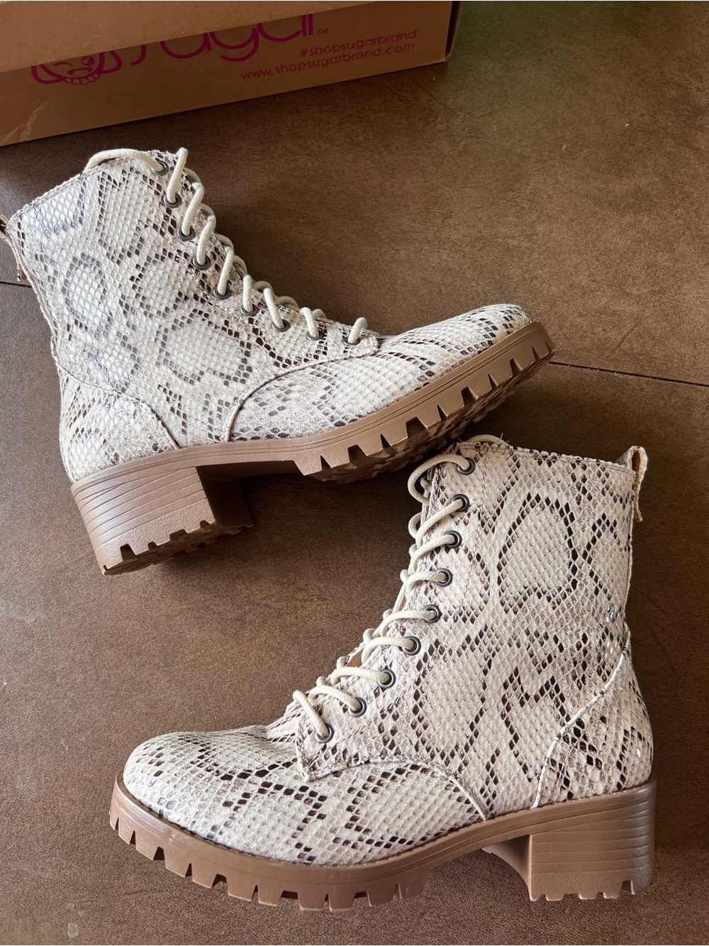 Sugar Cream Snake-Print Lace-Up Combat Boots